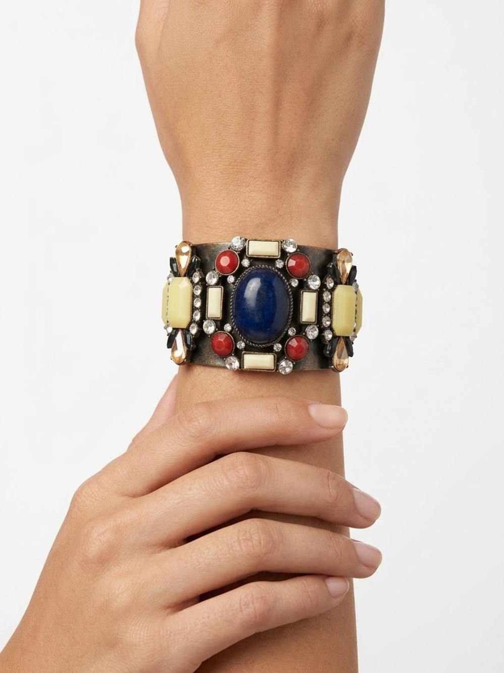 Embellished Multicolor Stone Cuff Bracelet - Women Accessories